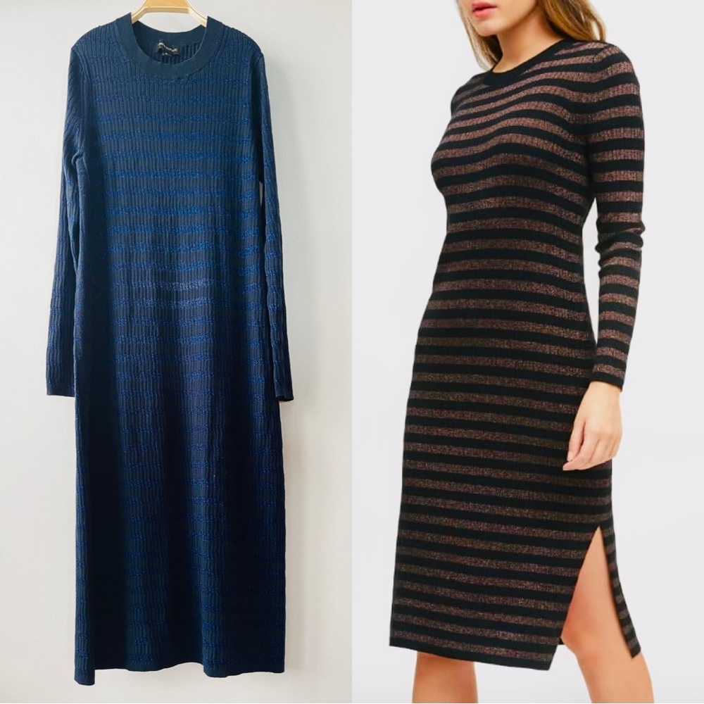 Banana Republic blue navy metallic striped sweater dress longsleeve M sparkle